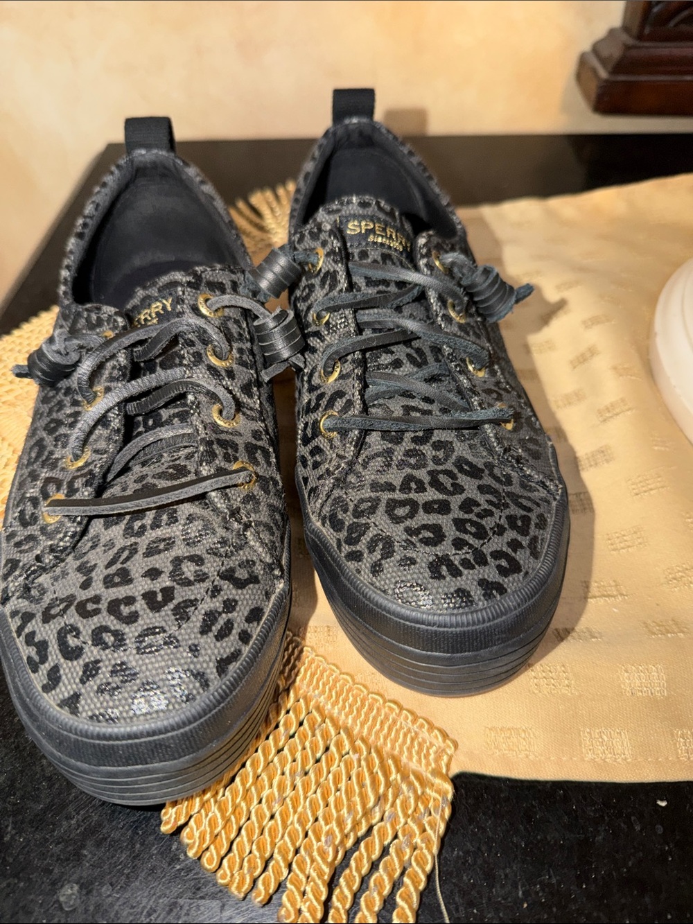 Sperry Black and Gray Leopard-Print Canvas Sneakers